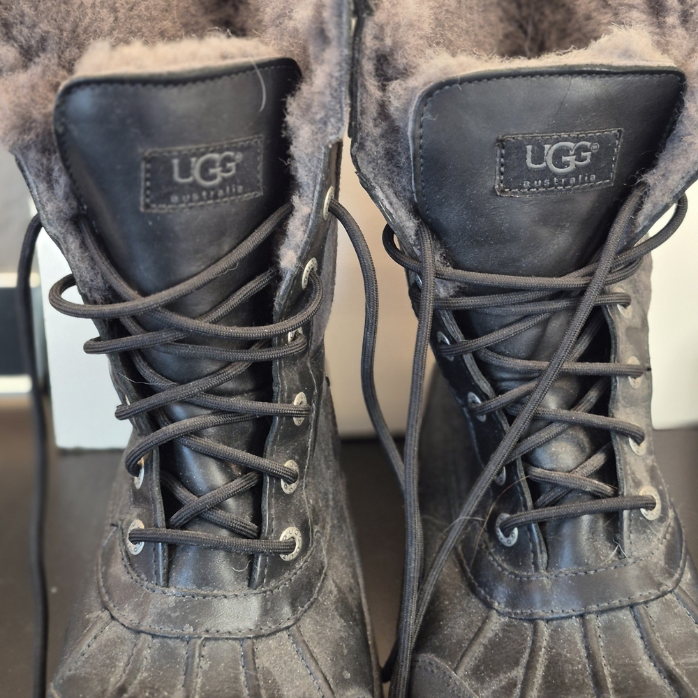 UGG Black Leather And Suede  Lace-Up Shearling-Heel Winter Boots 8